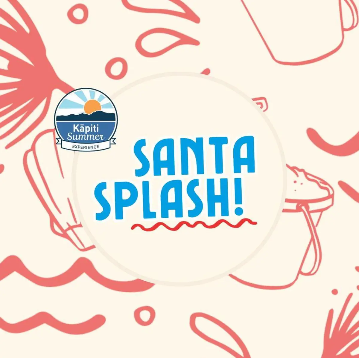 Santa Splash! decorative tile with red summer graphics in the background